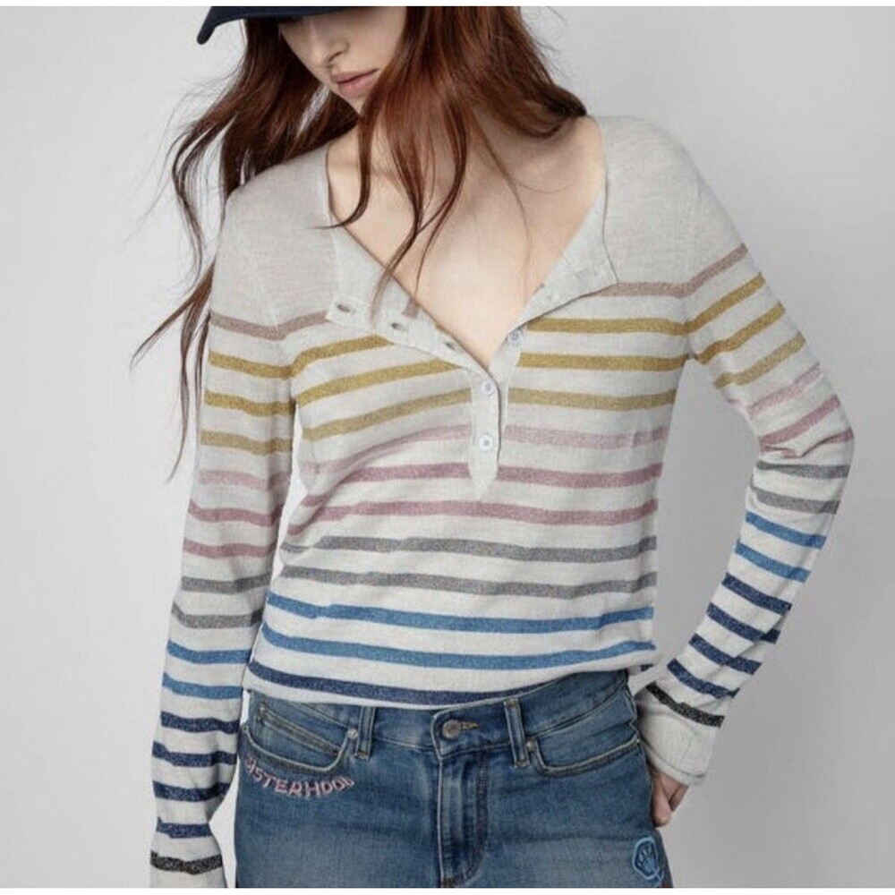Zadig & Voltaire Hila Lurex Metallic Rainbow Striped Sweater Henley Size Small